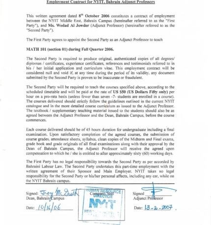 Nyit bahrain adjunct professor employment contract