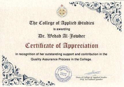 Certificate of appreciation for quality assurance contributi