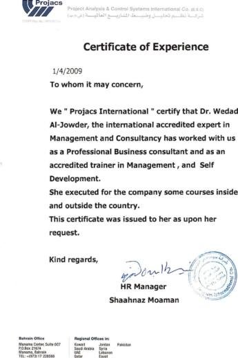 Projacs international certificate of experience english