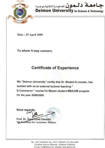 Delmon university experience certificate english