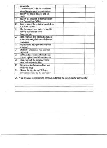 Student induction survey statements page