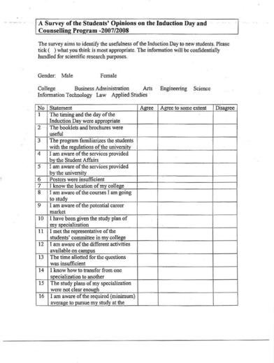 Student opinion survey on induction day english